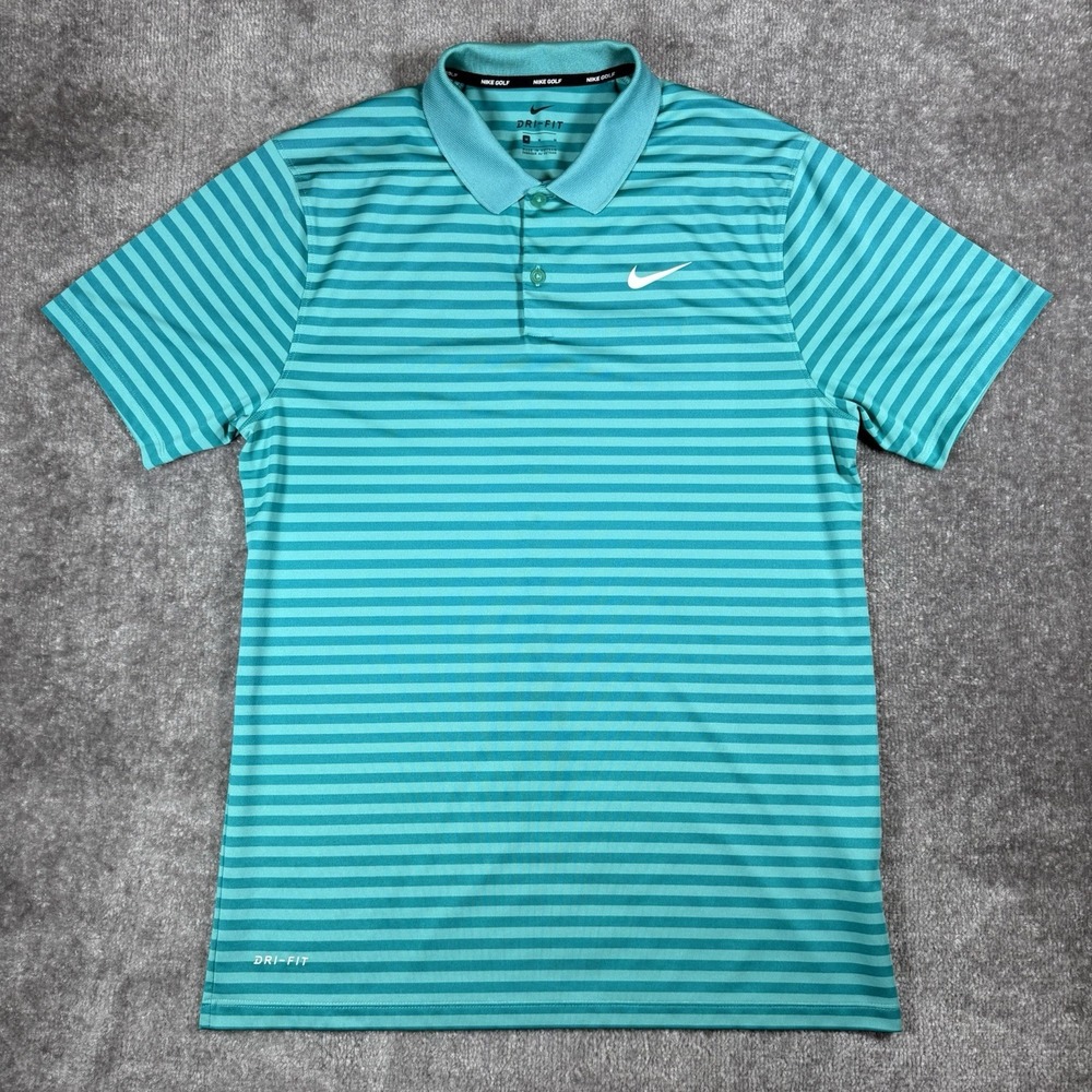 Nike Golf Polo Shirt Men's Medium Green Striped Performance Stretch Short Sleeve